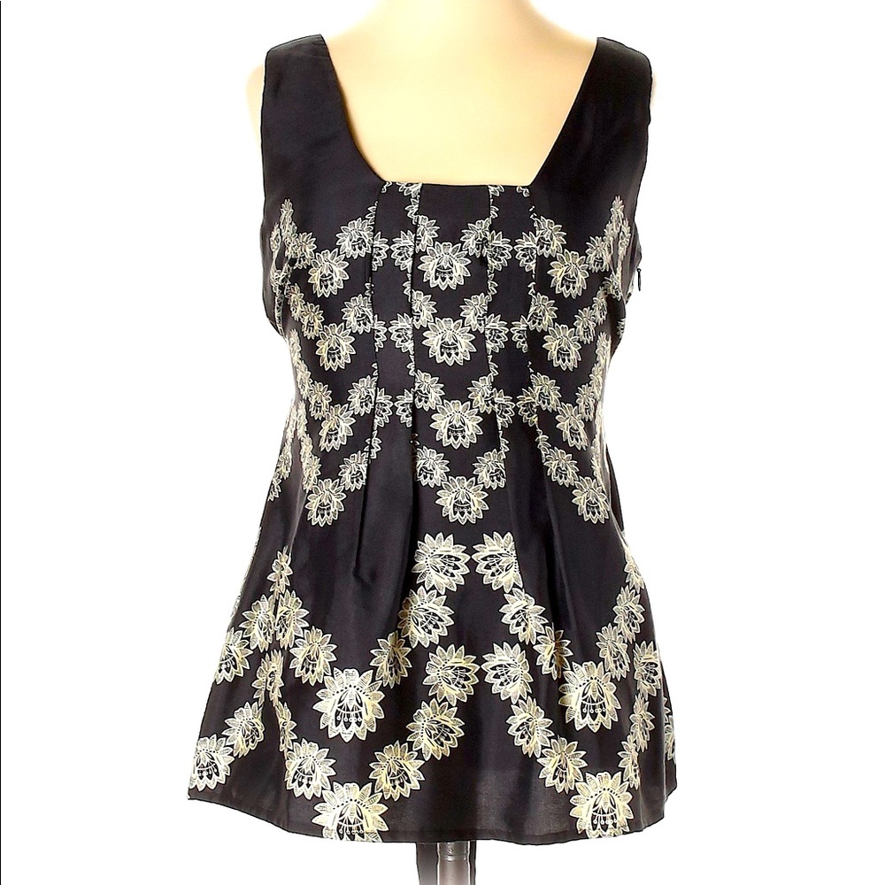 Baraschi Sleeveless Silk Flowered Pleated Black Cream Tie Top Size Small